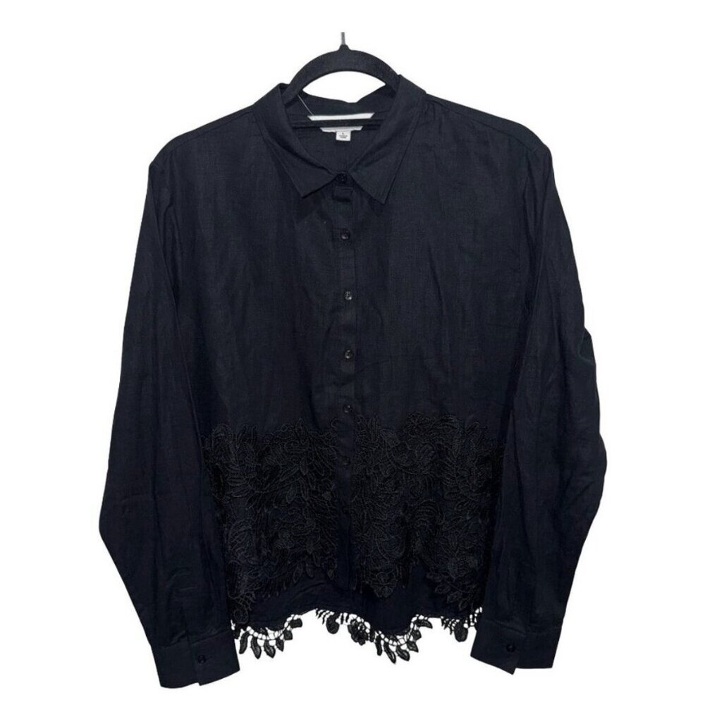 Calligraphie Viscose Linen Lace Boho Blouse Black Lace Artisan Top XL Button Up